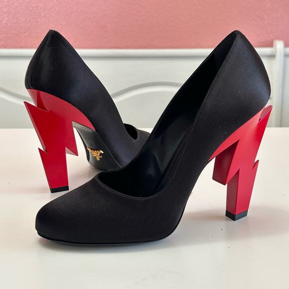 PRADA Lightning cloth heels black satin red heel pumps size 39 EUC - Picture 1 of 11